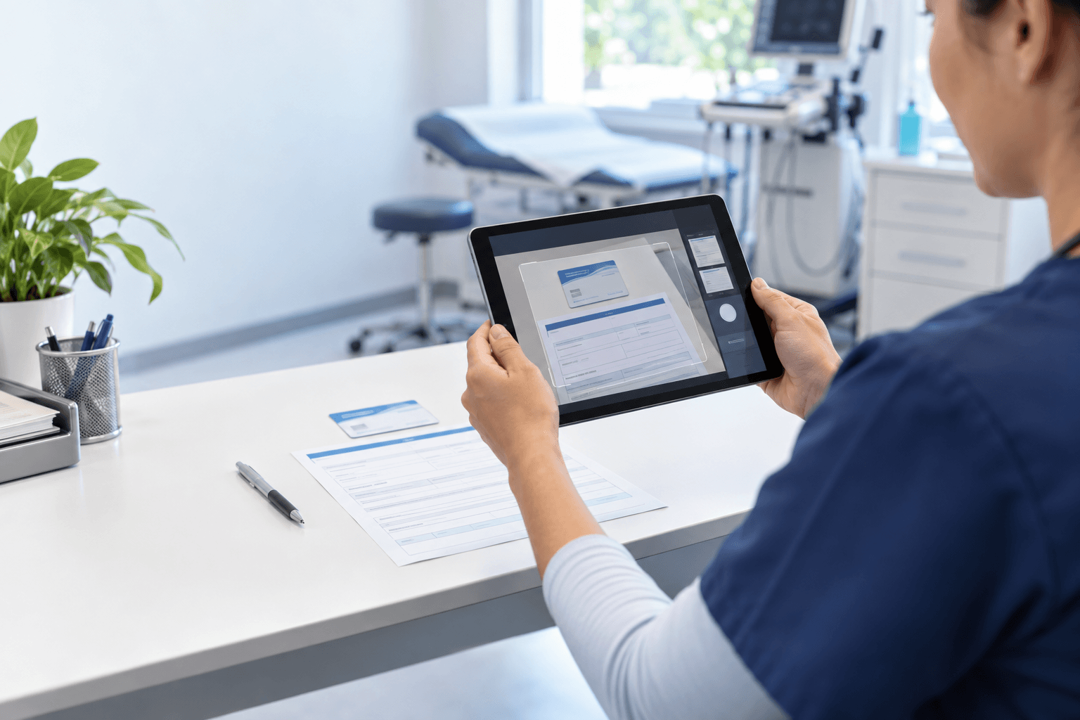 A mobile diagnostic technician using a tablet to capture fictional insurance and demographics documents