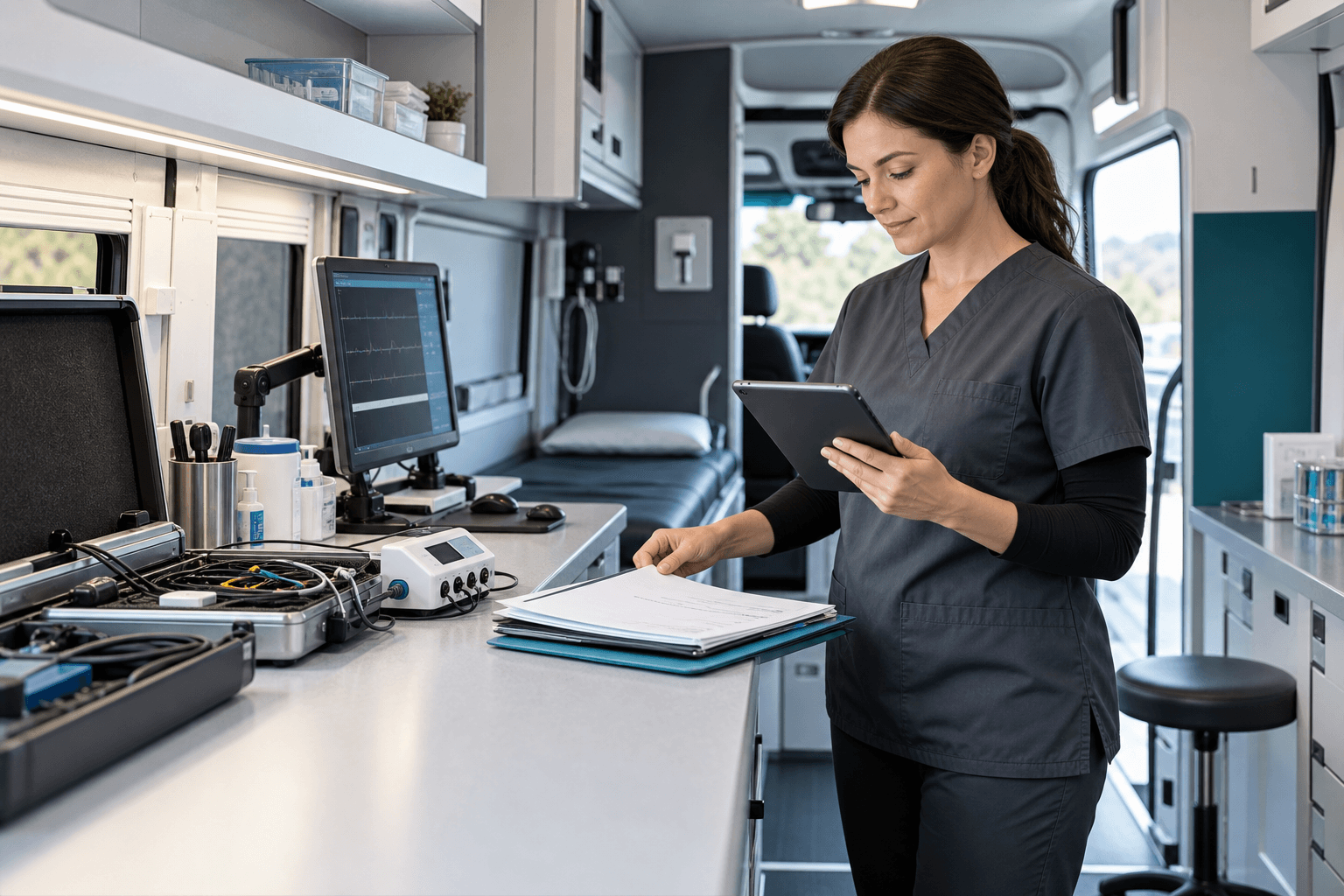 A mobile diagnostic technician organizing fictional digital paperwork in a professional field clinic
