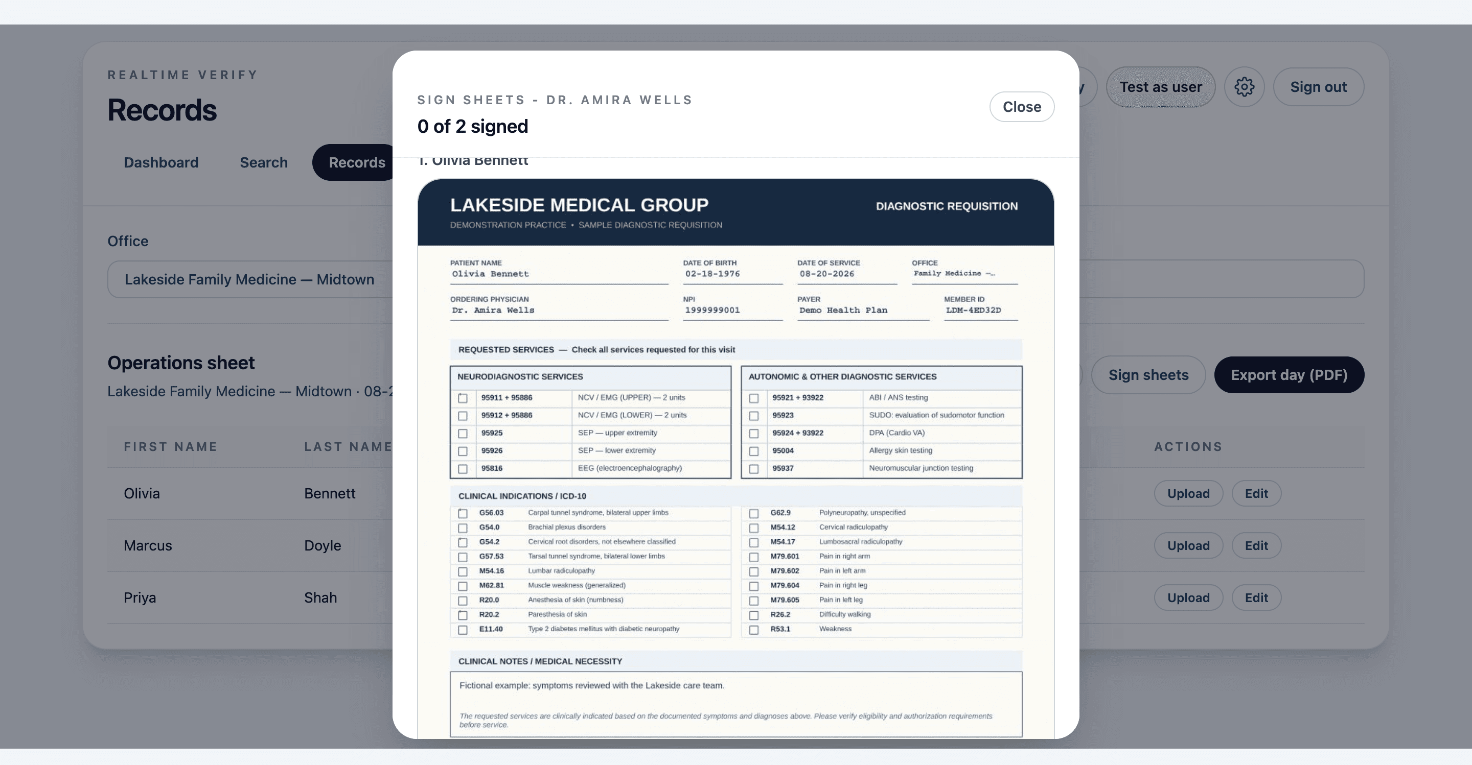 Doctor sign-sheet review showing a fictional diagnostic requisition