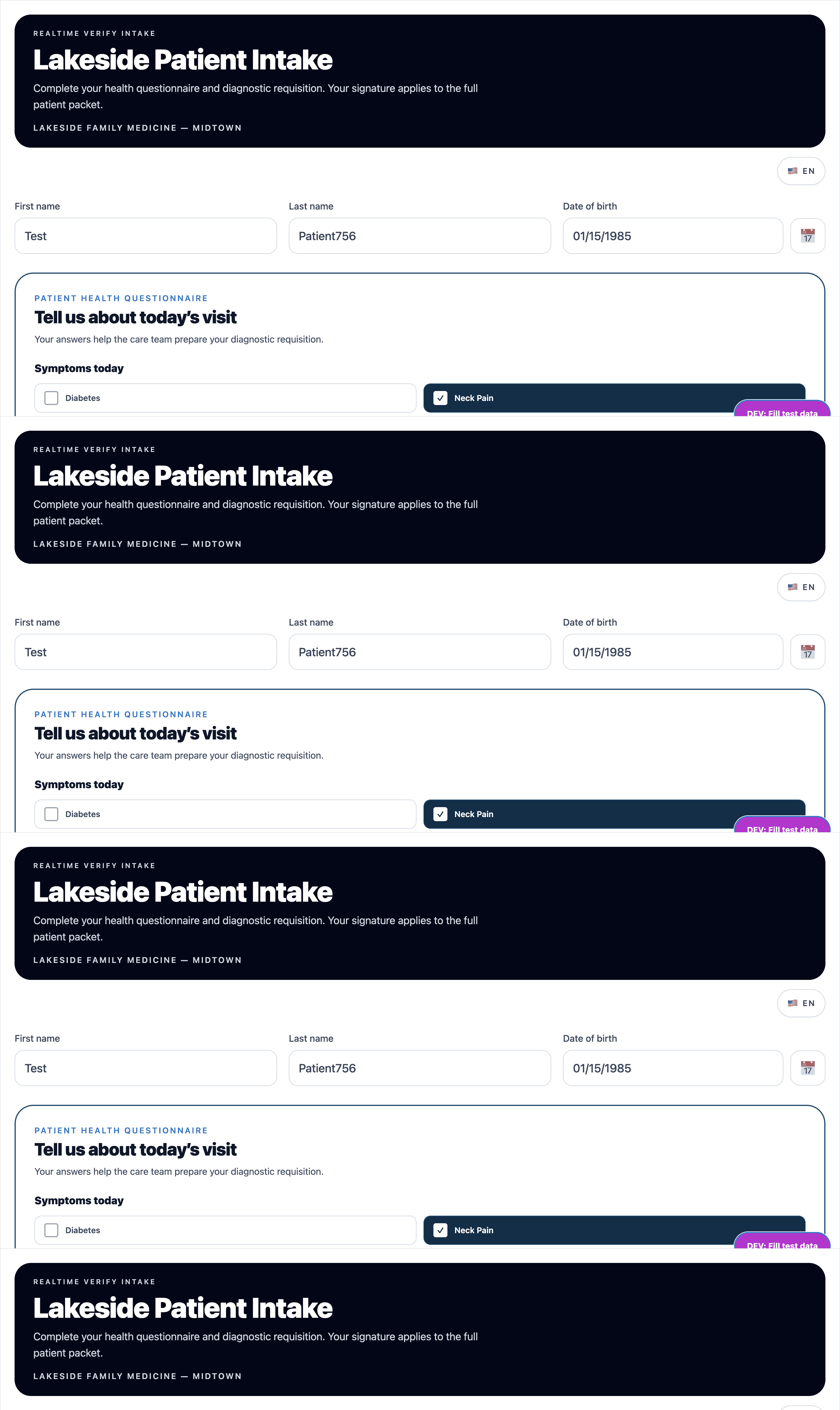A Lakeside demo patient intake shown on a tablet-style screen